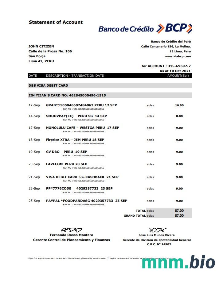 Peru Banco de Credito del Peru (BCP) szablon wyciągu bankowego w programie Word i PDF